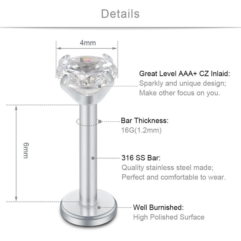 SCERRING 3PRS(6pcs) 16G 2-4mm Clear CZ Internally Threaded Labret Monroe Lip Ring Tragus Nail Helix Earring Stud Piercing Jewelry Bar Length 6mm - Silver - Image 2